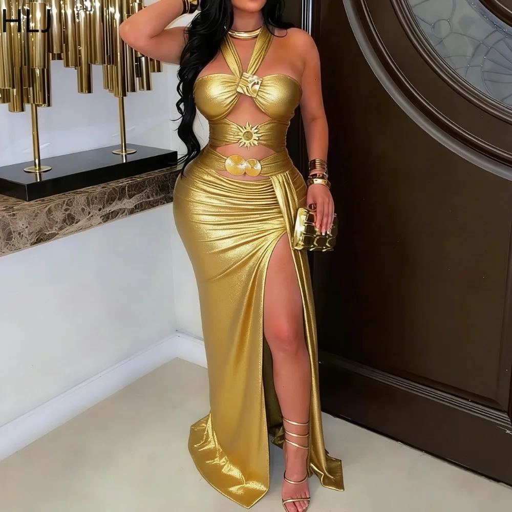 

HLJ Sexy Hollow-out Slit Bodycon Dresses Woman Halter Sleeveless Backless Dress Elegant Female Party Clubwear Vestidos 2026 New