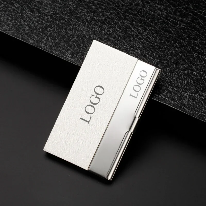 Custom Logo PU Leather Stainless Steel Business Card Case Box Holder Laser Engraving Clip Personalized Cardcase Activities Gifts
