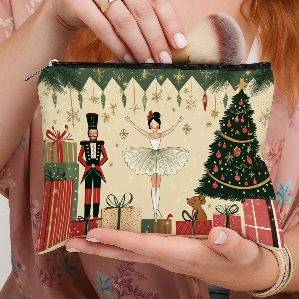 Nutcracker Ballet Dancer Canvas Cosmetic Bag Christmas Tree Gift Print Zipper Pouch Travel Makeup Storage Bag Holiday Gift