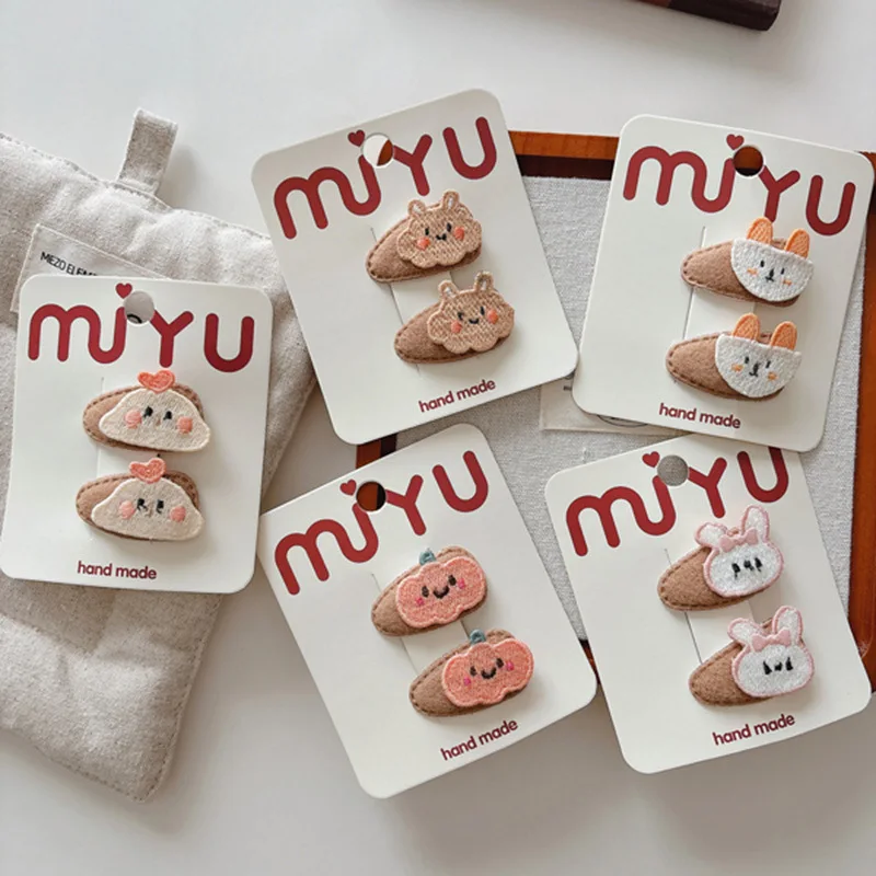 2PC Baby Girls Hair Clips Fringe BB Clips Milk Coffee Color Small Water Drop Designs with Cartoon Bunny Bear Pumpkin Patterns