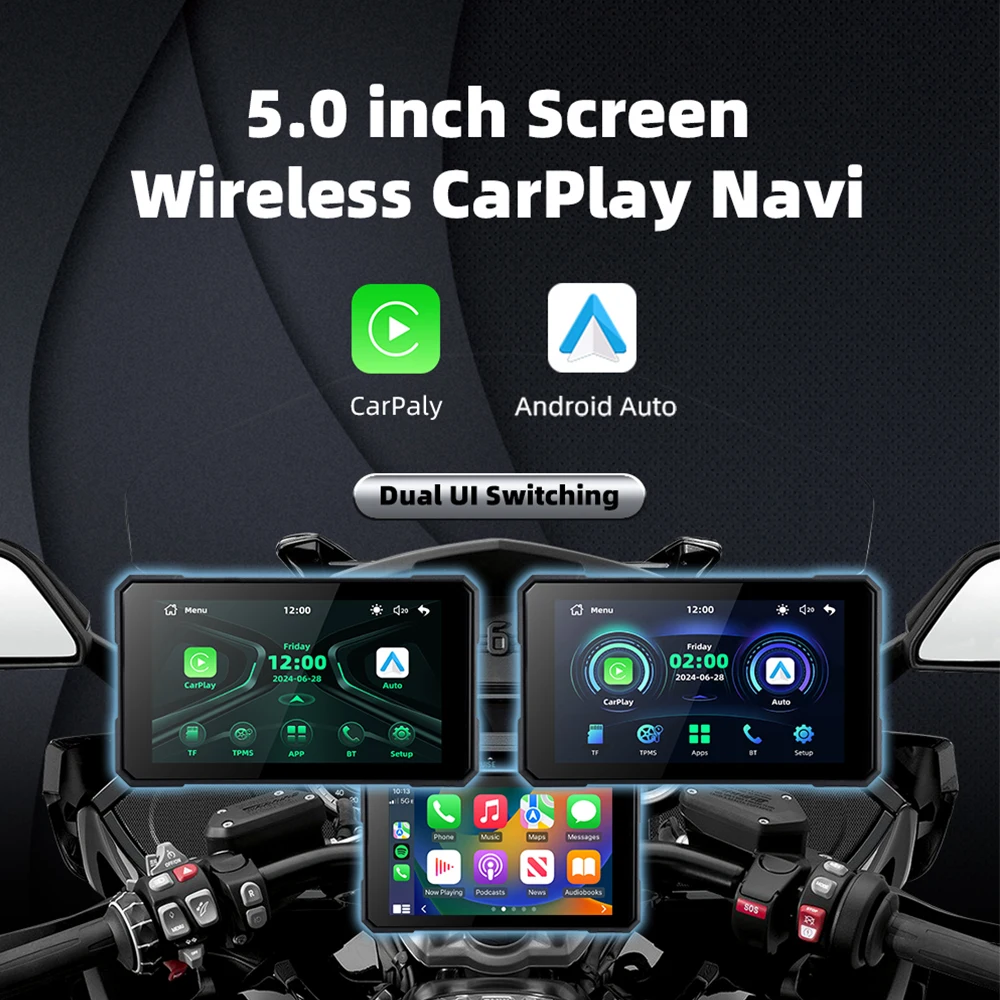 EKIY Wireless CarPlay Moto Android Auto 5.0 بوصة محمول رقمي GPS Moto Navigation شاشة عرض لوحة القيادة للدراجات النارية TPMS