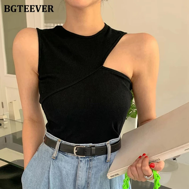 

BGTEEVER Fashion Chic O-neck Women Skinny Vests Summer Slim Ladies Camisole Elegant Female Sleeveless Skinny Tank Tops