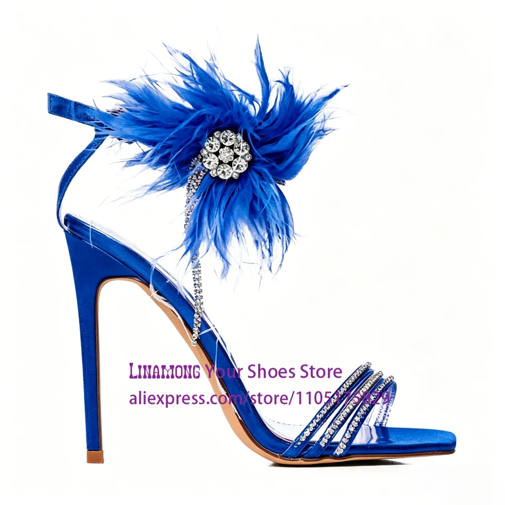 

Feather Flower Embellished Sandals Luxurious Rhinestone Stilettos Designer Square Toe High Heel Cute Furry Fashion Women Sandals