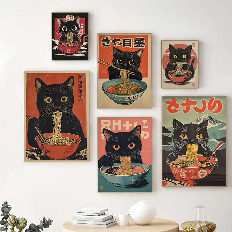 Japanese Food Art Black Cat Ramen Kawaii Noodle Ginger Cat Poster Print Wall Art Pictures Canvas Painting Living Room Home Decor