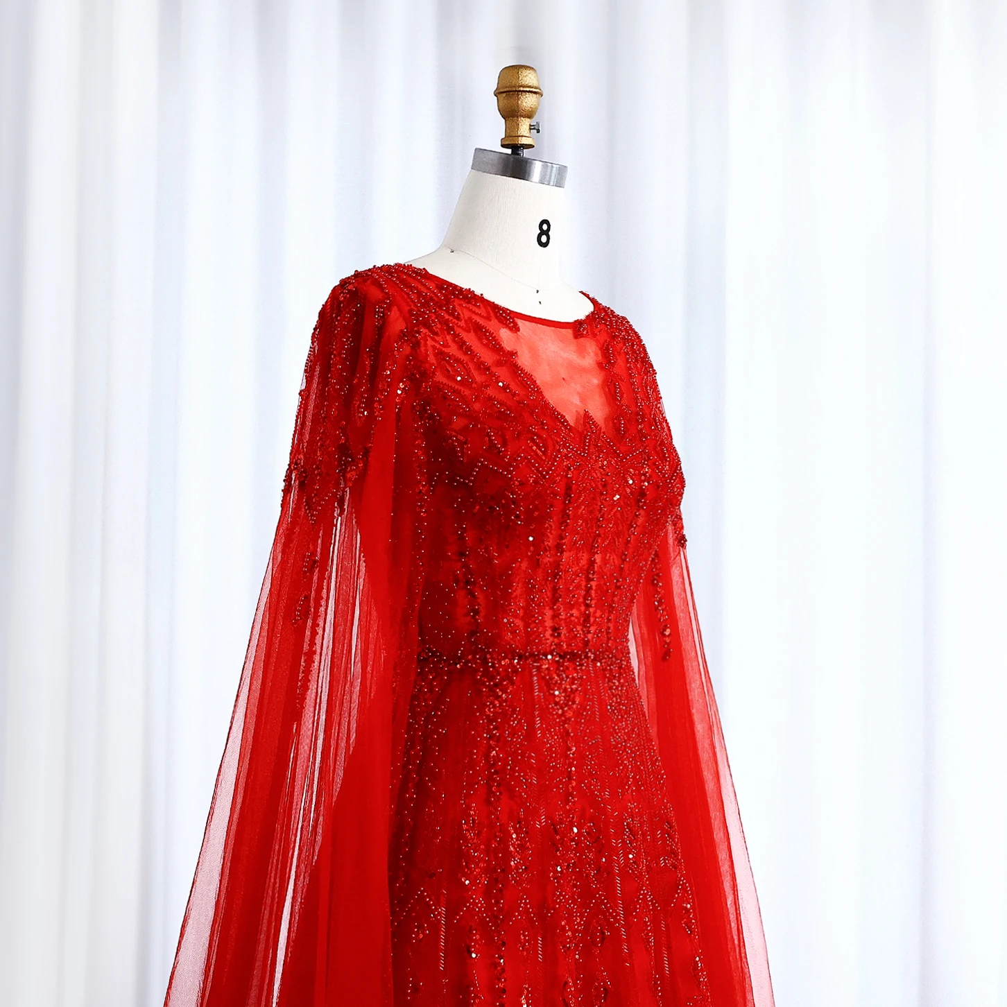 Sharon Said Luxuriöses Dubai Blaues Abendkleid mit Cape-Ärmeln in Übergröße, A-Linie, Arabisches Hochzeits- und Festkleid SS001, Maßanfertigung – Detail 34
