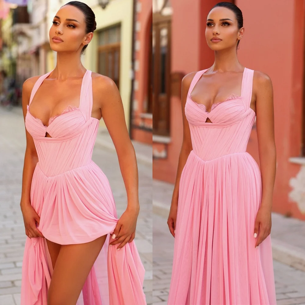 

Customized Sparkly Pink Chiffon Evening Dresses Exquisite Strapless Sleeveless Homecoming Dresses Luxury Vestido De Festa