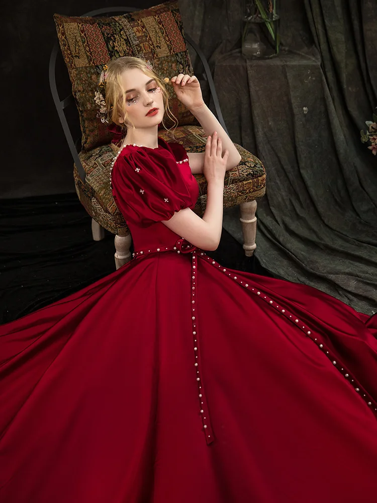 Female Retro French A-Line Evening Party Dress Qipao Burgundy Satin Square Neck Maxi Dress Sexy Exquisite Beads Wedding Dress