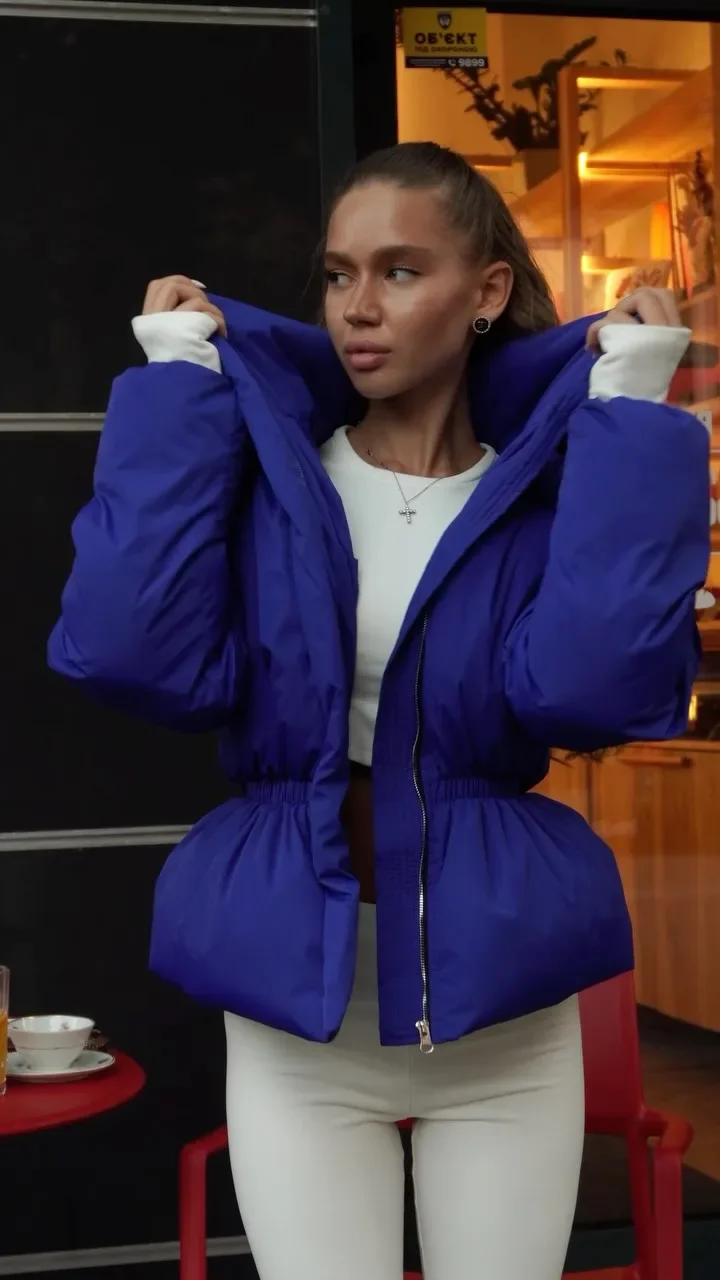 Women Solid Puffer Jacket High Stand Collar Elastic Cinched Waist Peplum Hem Zip Thick Padded Coat Warm Winter Daily Outerwear