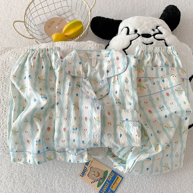 Summer Three-Piece Women's Pajama Set Bear Print Sleepwear Casual Sweet Cute Short Sleeve Pajamas with Shorts Spring and Fall 3