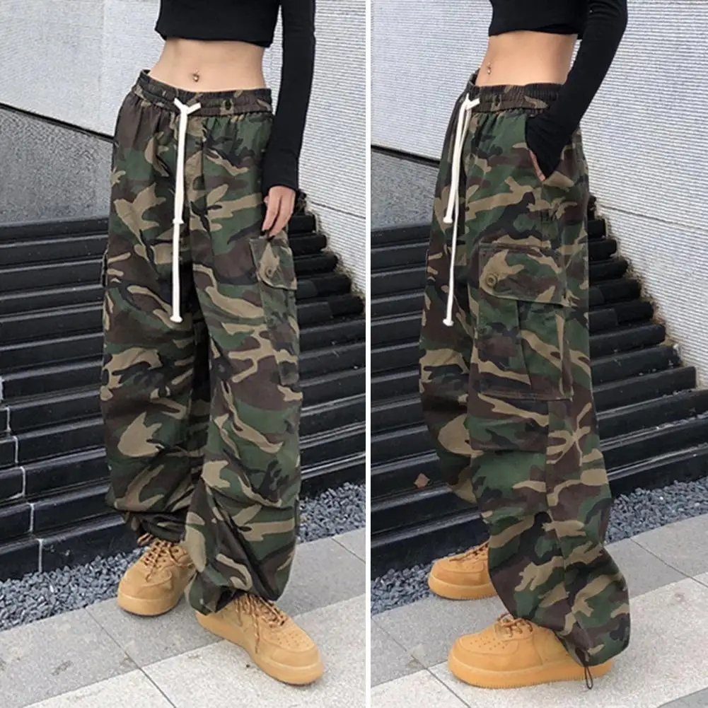 Loose Fit Women Trousers Loose Leg Shape Women Trousers Adjustable Drawstring Women's Cargo Pants with Big Pockets for Casual