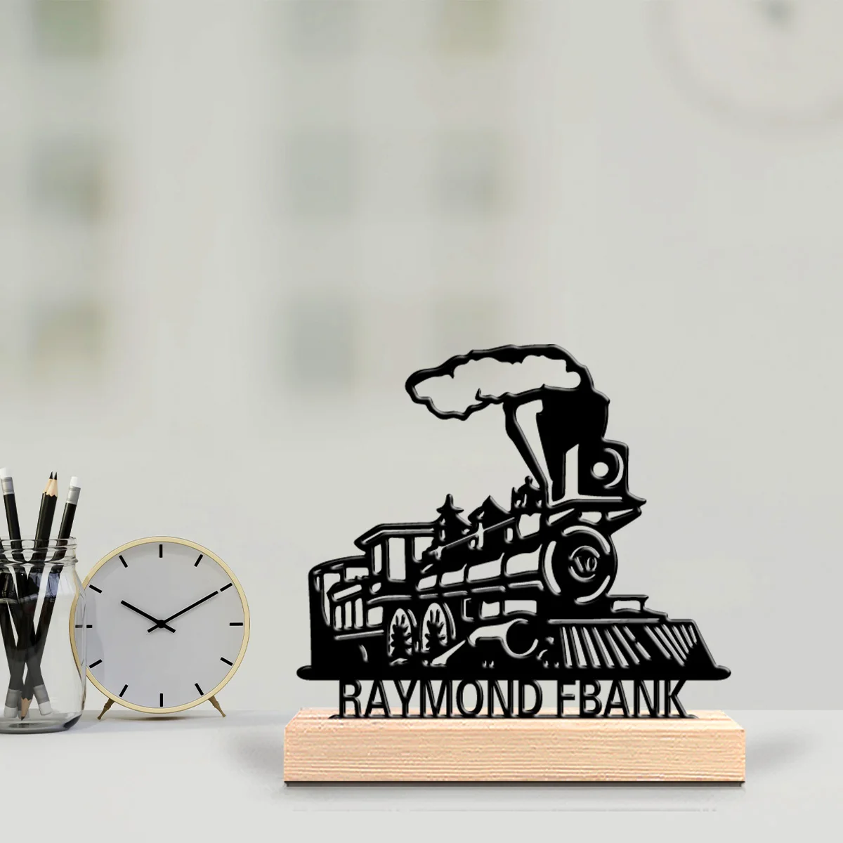 1pc Fashion train Custom Letter Metal Statue Iron Art Crafts With Wood Base Iron Statue With Wood Base Study Desktop Decoration
