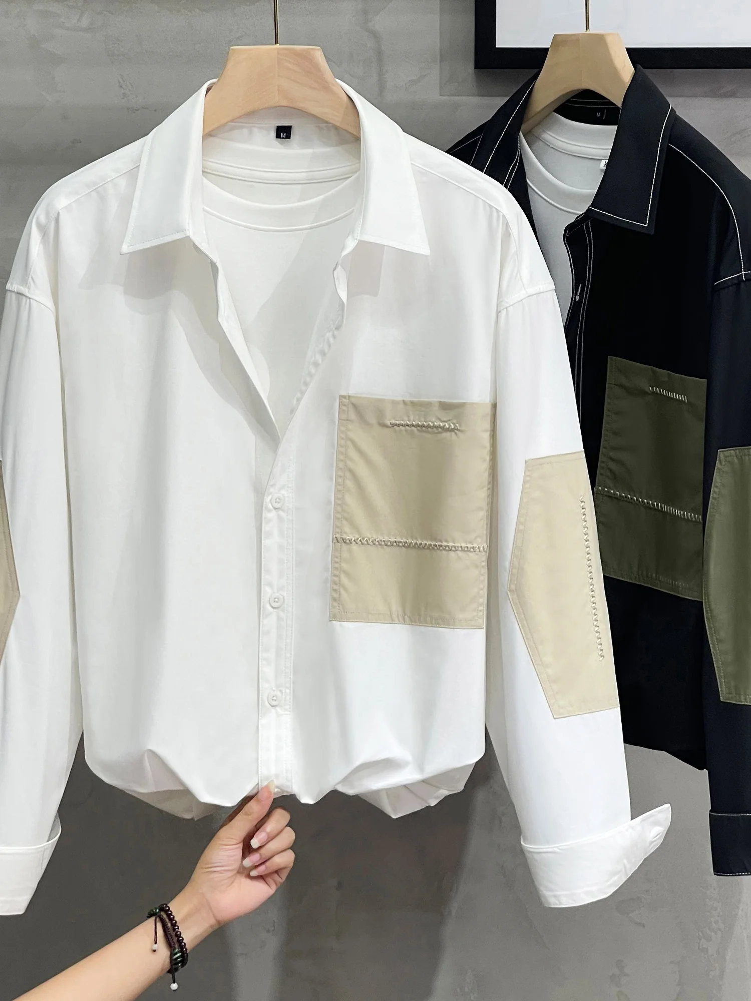 

Spring Autumn Men's Long Sleeve Loose Fit Shirt Casual Patchwork Design Color Block Business Casual Outerwear Open Cardigan