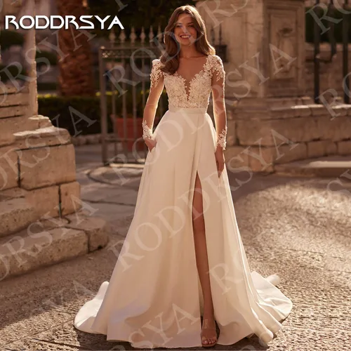 RODDRSYA-vestido de novia de manga larga con cuello en V traje de encaje exquisito de satén de línea A abertura alta personalizado 2025 Vestido de novia de cuello V de manga larga con exquisito encaje de satén en form