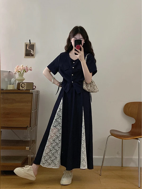 

Летний модный комплект для женщин: кружевной топ с коротким рукавом и круглым вырезом, юбка, большие размеры, омолаживающий эффект