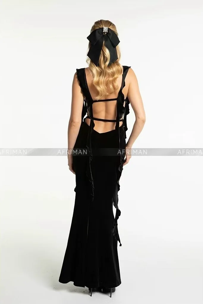 Women Sexy Backless Folded Waist Ruffles Ribbon High Split Trumpet Black Velvet Long Event Dress