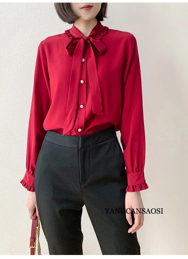 2023 New Red French Elegant Silk Ribbon Collar Vintage Wood Ear Edge Silk Crepe Double Long Sleeve Shirt Female