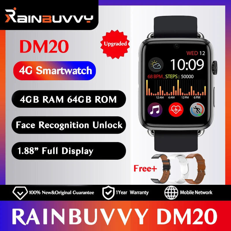 

Rainbuvvy DM20 4G LTE Smartwatch 1.88 Inch IPS Screen 4GB RAM 64GB ROM With GPS 2.4G 5G Dual Band Wifi 780mAh Sports Watch