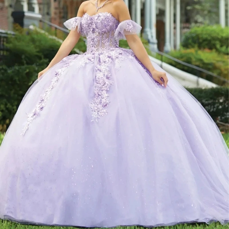 

Lilac Shiny Sweetheart Quinceanera Dresses Sweet 16 Prom Birthday Gowns Off Shoulder Applique Lace Tull Vestidos De 15 Anos Ball