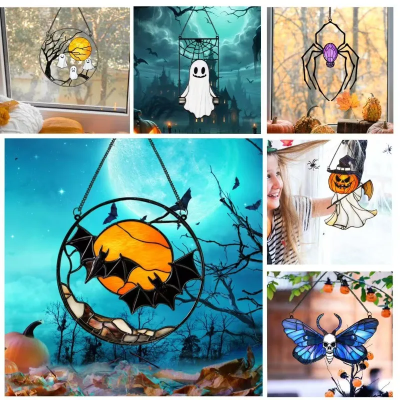 Esmalte teñido y Metal murciélago Luna fantasma atrapasoles Panel de ventana adornos colgantes de pared Halloween Horror decoraciones para el hogar