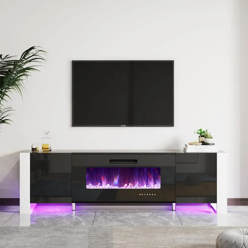 Fireplace TV Stand, Modern High Gloss Entertainment Center LED Lights, U Shaped Legs TV Console Cabinet with Fireplace, TV Stand