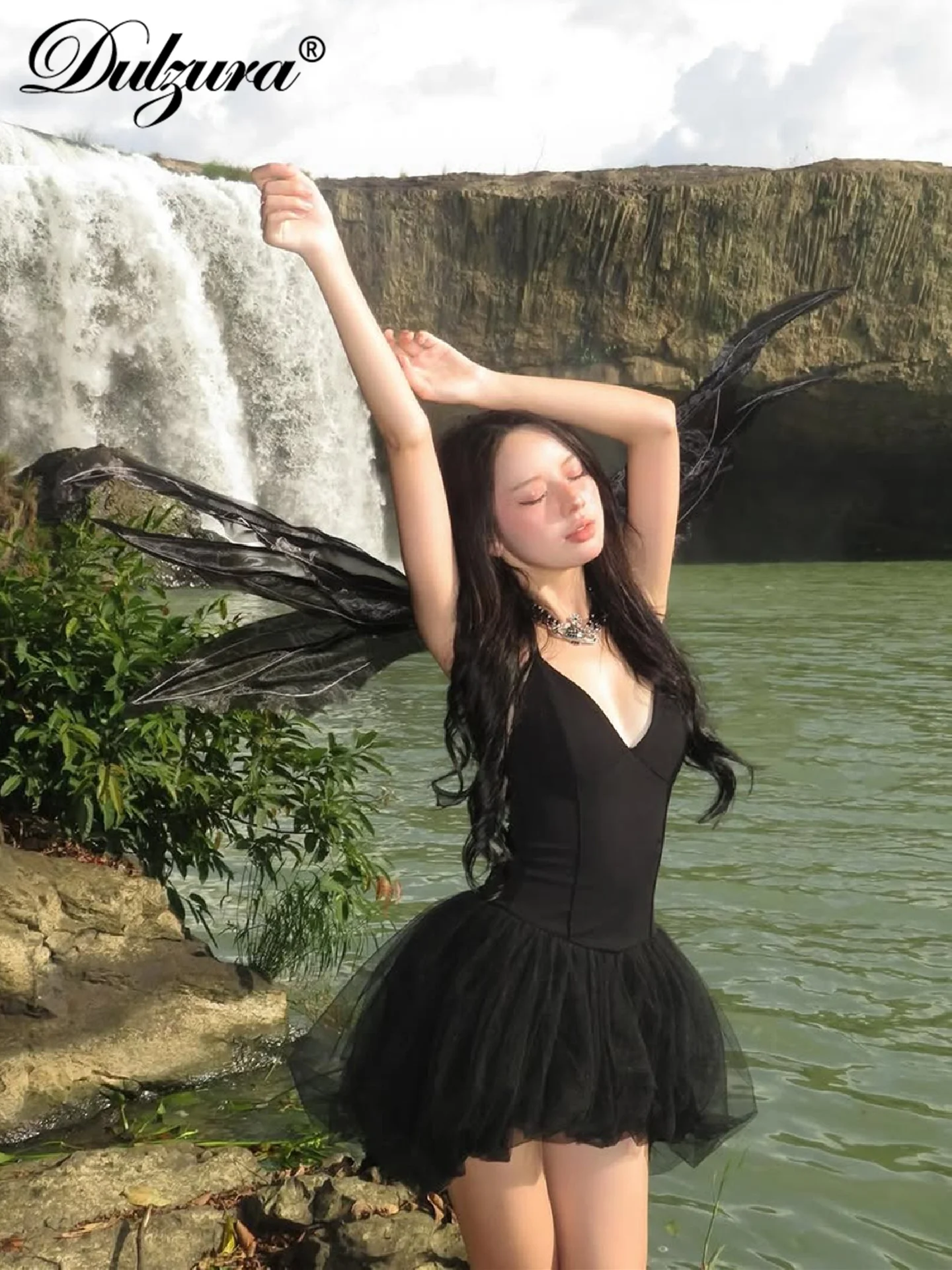 Dulzura verão sólido sexy elegante com decote em v sem mangas sem costas magro preto cisne malha vestido de princesa festa à noite clube roupas de baile