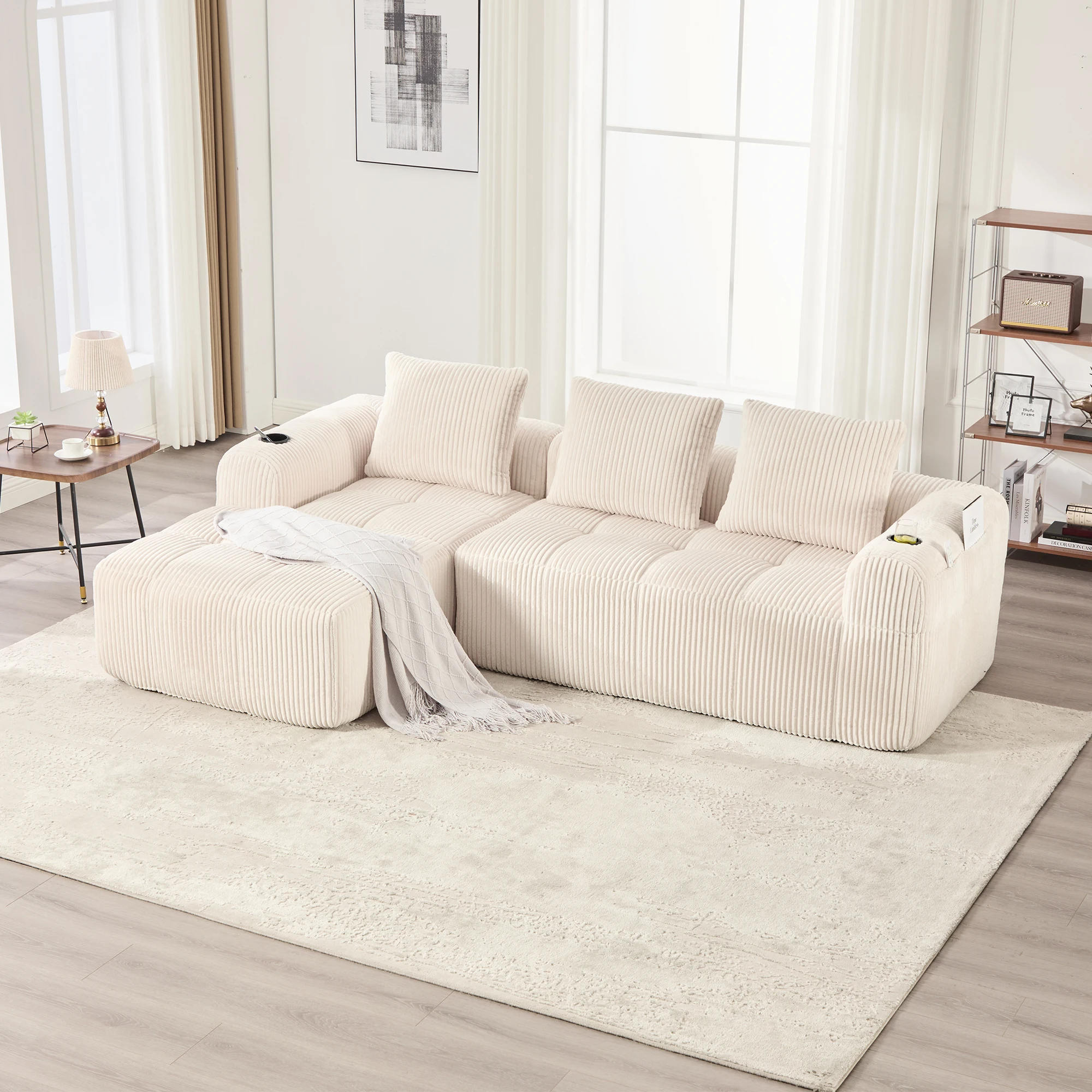 Sofá Modular Moderno en Forma de L de Corduroy LVHOM con Bolsillos Laterales, Portavasos y 3 Cojines (Sin Ensamblaje)