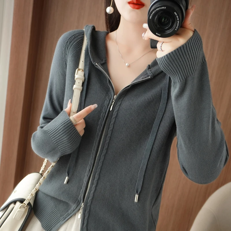 New 100% Cashmere Sweater For Women Hooded Zippered Cardigan Fashion Cashmere Sweater Women Leisure Sweater Autumn And Winter