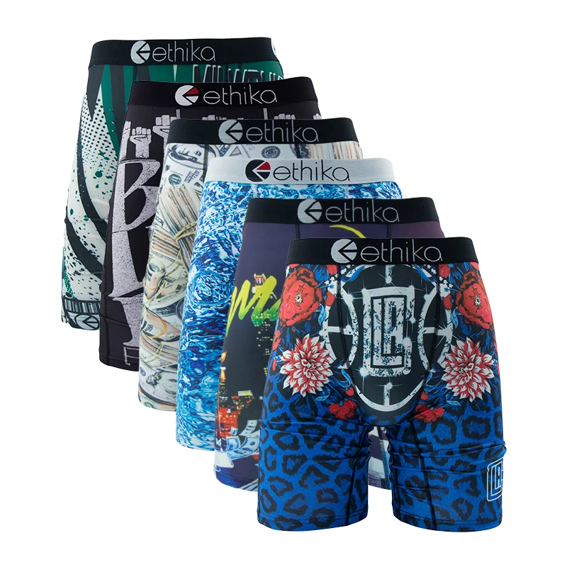 ETHIKA 6Pcs Men Underwear Boxer Breathable Mesh Crotch Man Underpants Plus Size Print Mens Panties Trunks Sexy Men's Boxershorts