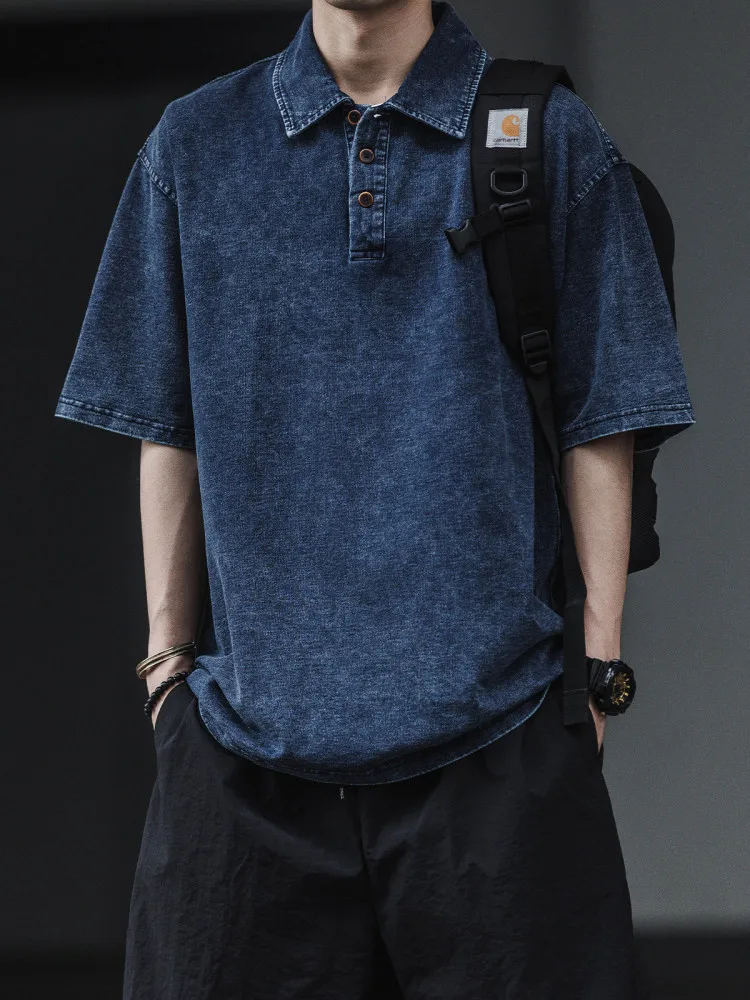 Retro American Washed Denim Short Sleeve  Shirt Men Summer Thin Loose Casual Shirt Top Wear Resistant Flip Collar Button