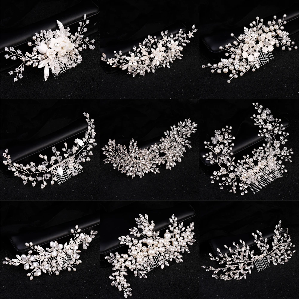 Luxury Crystal Pearl Flower Hair Comb Headband Tiara For Women Bride Party Bridal Wedding Hair Accessories Jewelry Comb Headband