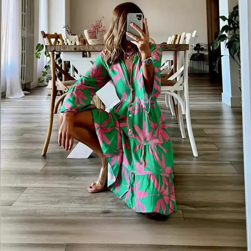 2025 الخريف بوهو عطلة قميص فساتين للنساء مثير الخامس الرقبة مضيئة كم أنيقة الكشكشة طباعة فستان الربيع فستان فضفاض غير رسمي