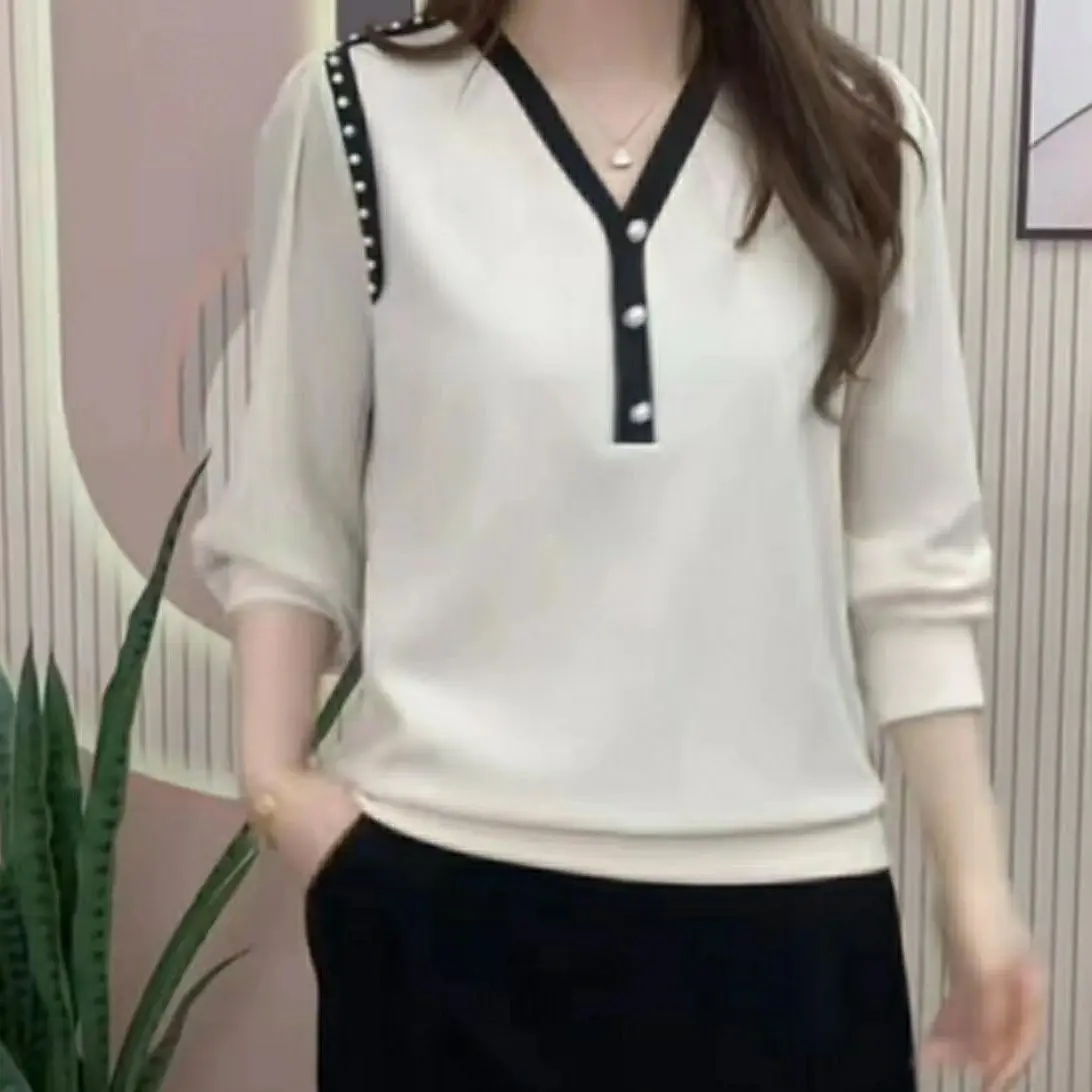 Elegant V-Neck Spliced Gauze Beading Blouse Women's Clothing 2023 Autumn New Oversized Casual Pullovers Office Lady Shirt