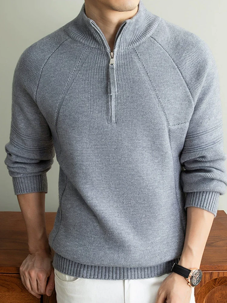 Vintage Daily Casual Men Knitted Sweater Stand Collar Long Sleeve Pullover Vintage Solid Color Warm Fall Winter Polo Shirts Men