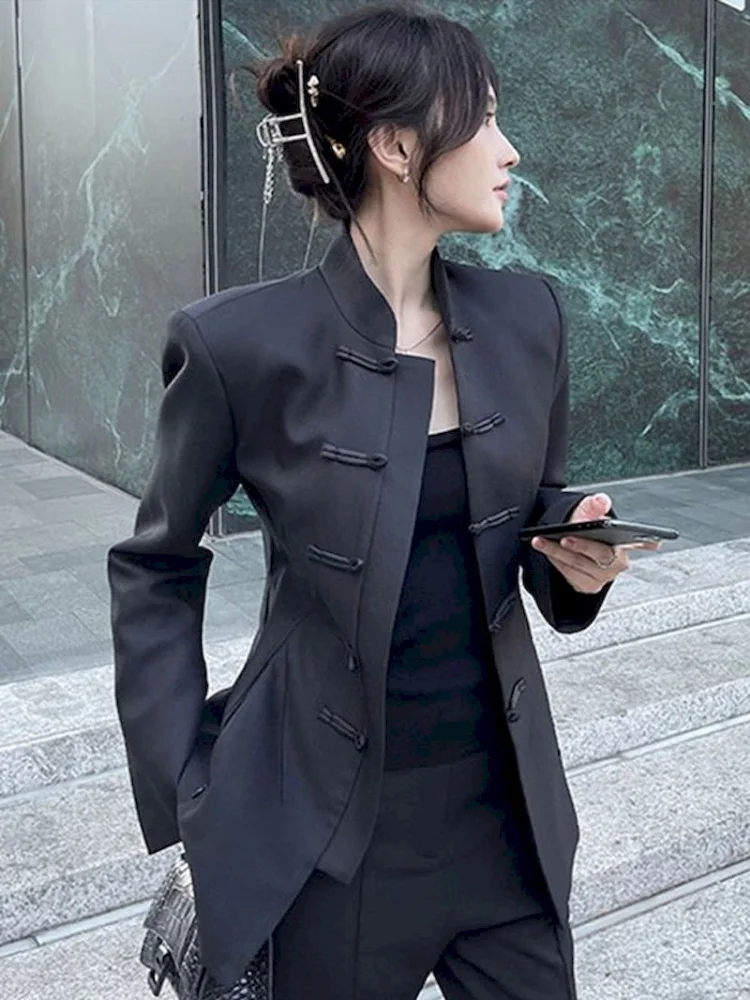 UNXX Chinese Style Stand Collar Black Blazers Tops Women Fashion Casual Blazer Vintage Fashion Loose Long Sleeve All Match Coats