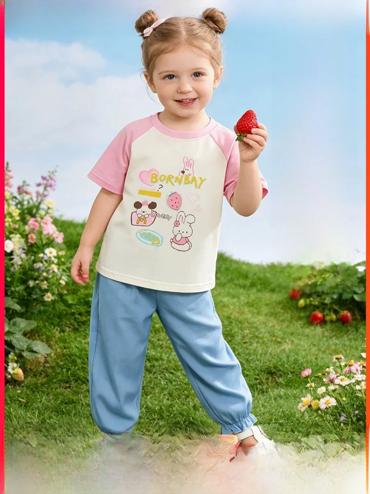 bornbay-summer-casual-thin-short-sleeve-pants-set-for-girls-cartoon-two-piece-suit-children's-wear-cotton-polyester-blend