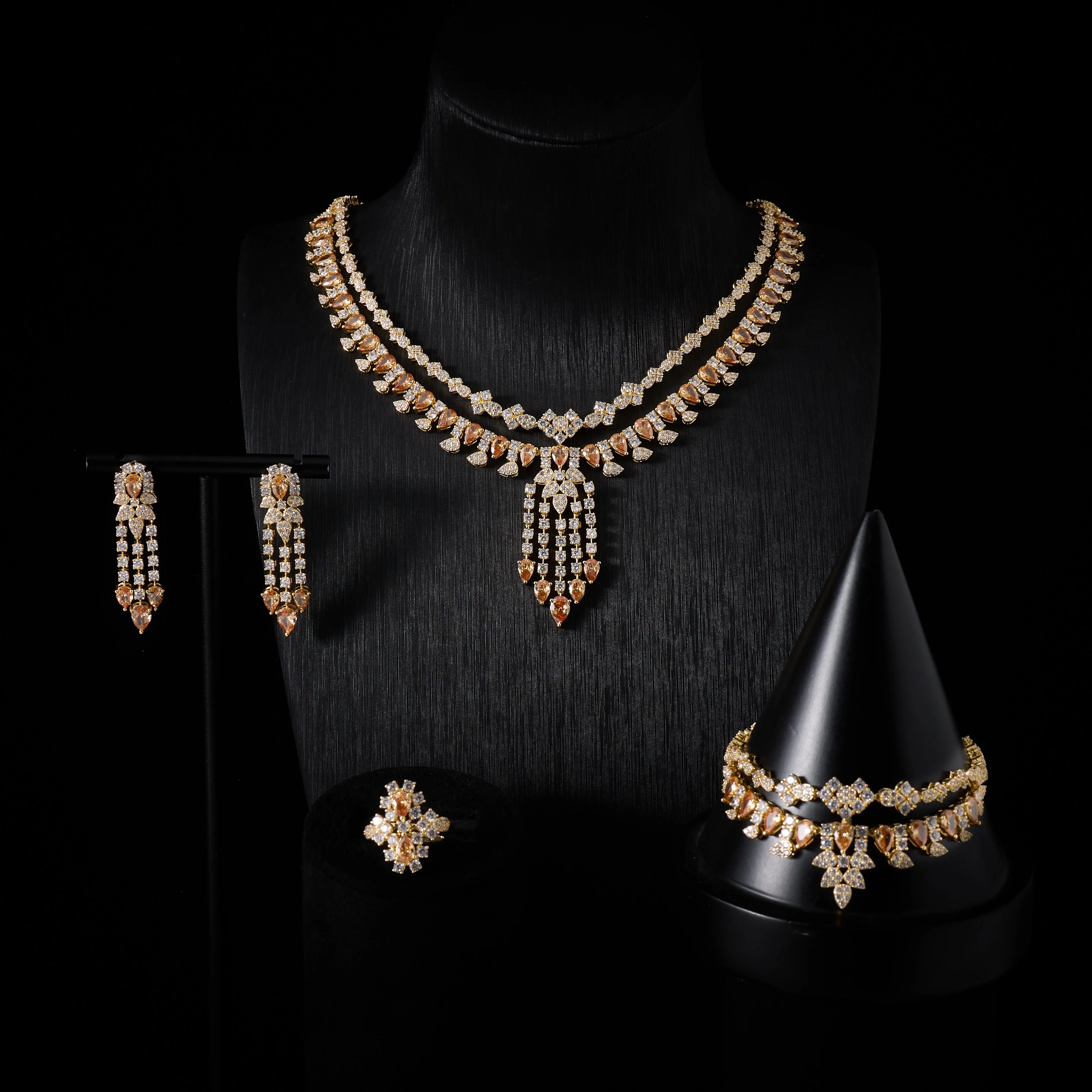 

IN JEWELIFE Luxury Color Cubic Zirconia High Quality Gold Plated Champagne Jewelry Set Women Elegant Sets Necklaces Trend 00082