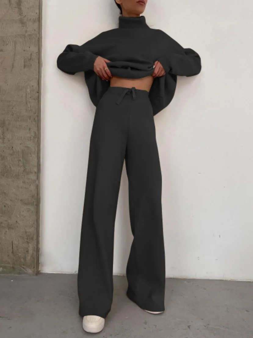 Autunno Inverno Moda Set da 2 pezzi Donna Pendolarismo Allentato Collo alto Pullover a maniche lunghe Vita alta Con lacci Pantaloni a gamba larga