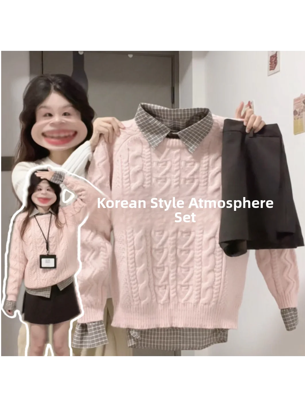 

Pink Knitwear And Plaid Shirt Two-Piece Set Casual Versatile Design Sensation Small Audience Japanese Style Long Sleeve round...