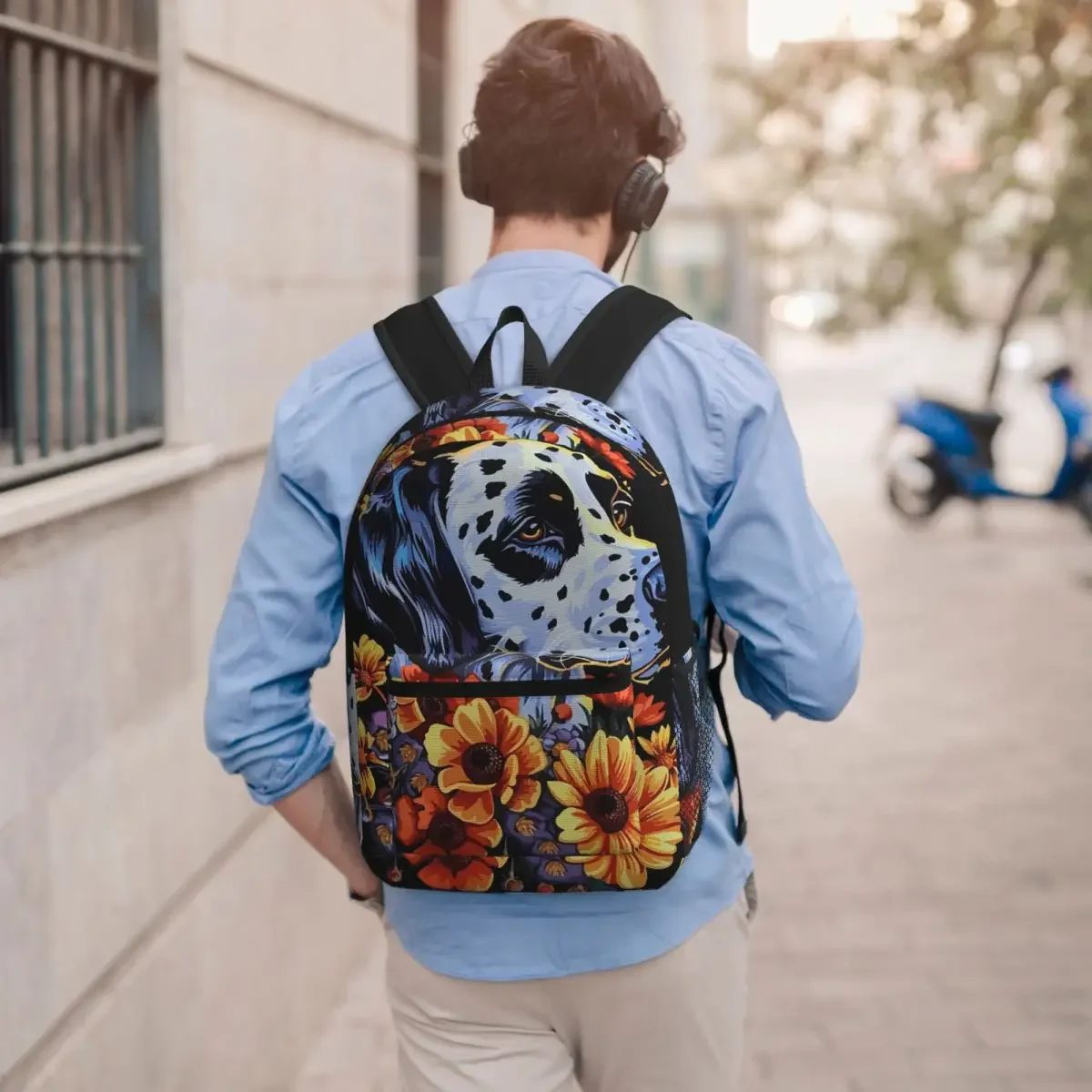 Dalmatian Dog And Flower Background Student Backpack School Bag Hiking Travel Daypack for Men Women Bookbag Shoulder Bags