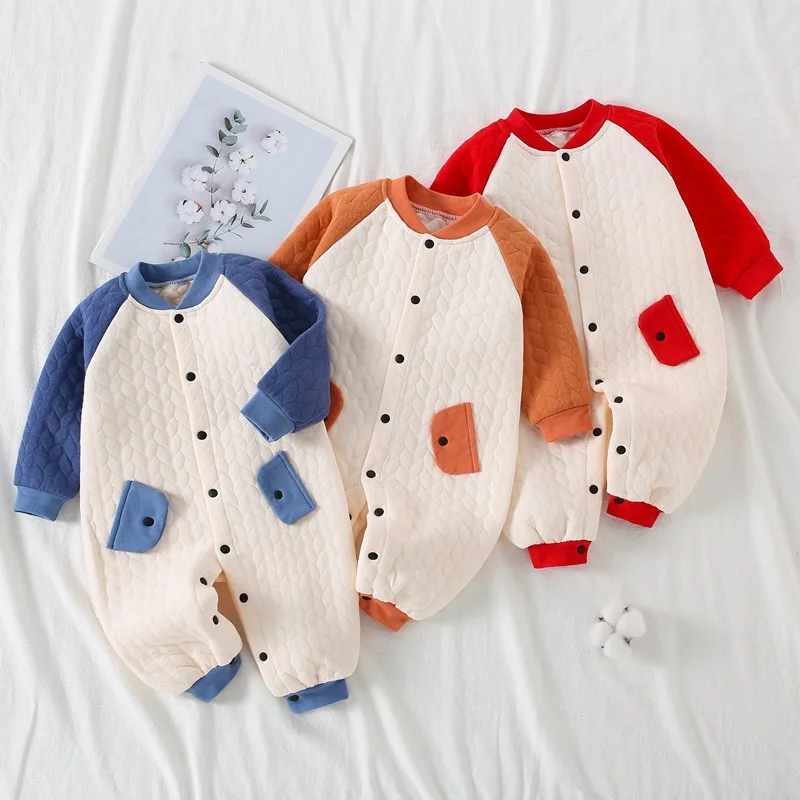 Autumn Newborn Boy Jumpsuit Cotton Plus Thick Padded Spliced Sleeves Warm Baby Boys Bodysuit Single Breasted Infant Boy Onesies