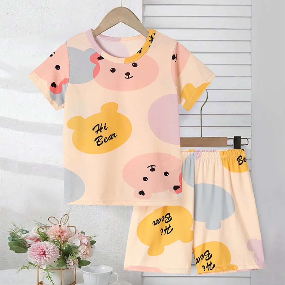 2-tlg. Kinder Sommer Mode Druck Hause Kleidung Anzug Junge Bequeme Joker Dinosaurier Kurzen ärmeln Mädchen Süße Rosa shorts Anzug – Detail 12