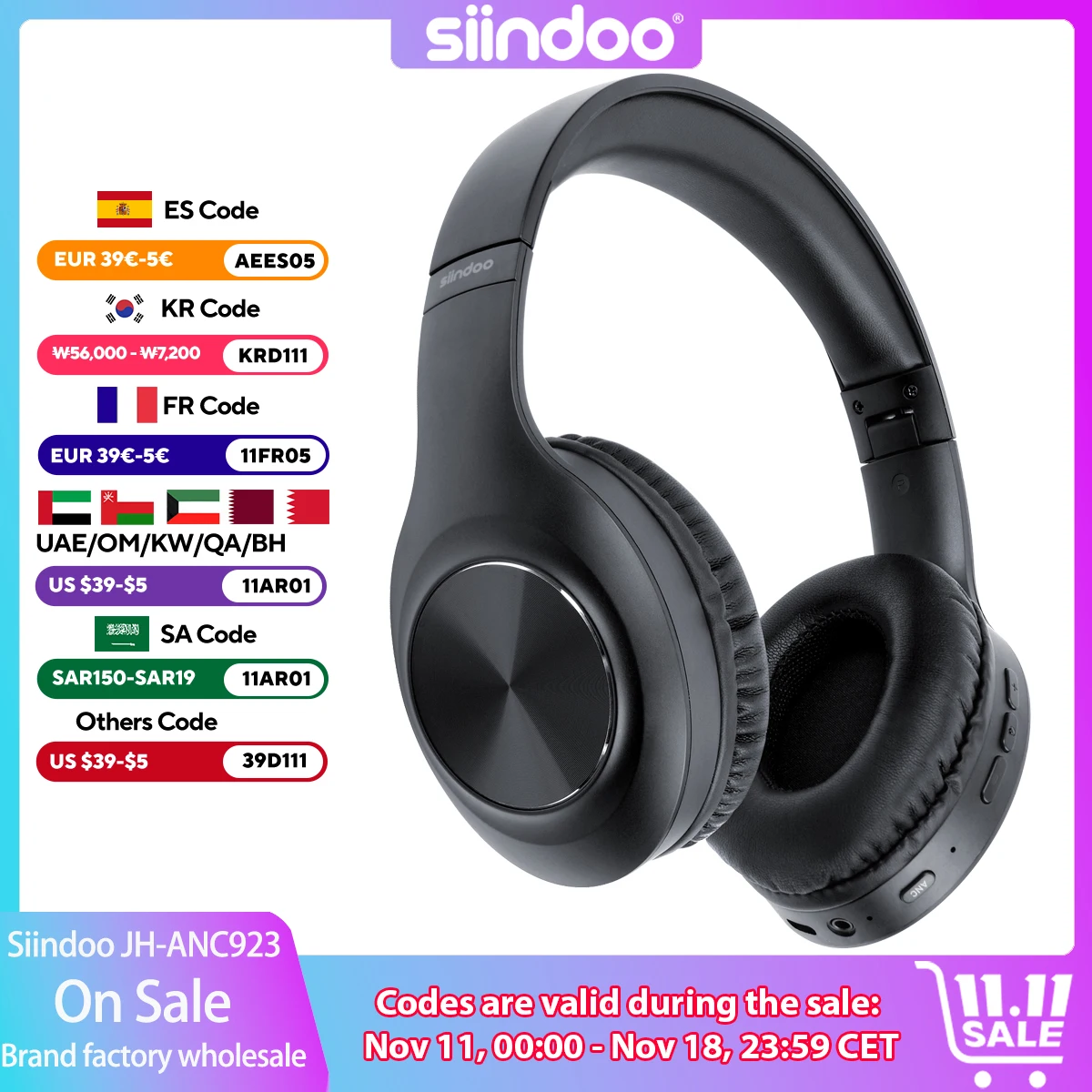 Siindoo JH-ANC923 Active Noise Cancelling Wireless Headset Foldable Over-Ear Bluetooth Headphones With Mic HiFi Stereo Deep Bass