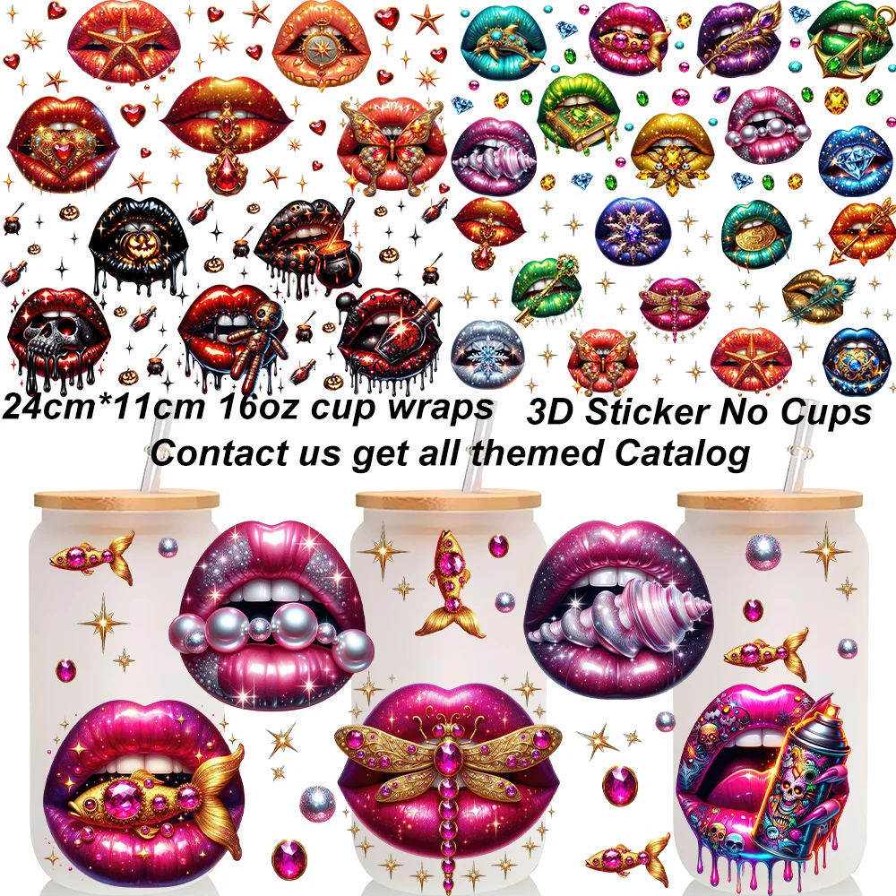 Halloween Gothic Dripping Lips 3D UV DTF Cup Wrap for 16oz Libbey Glass Cup Skull Spider Waterproof Transfer Sticker Decal