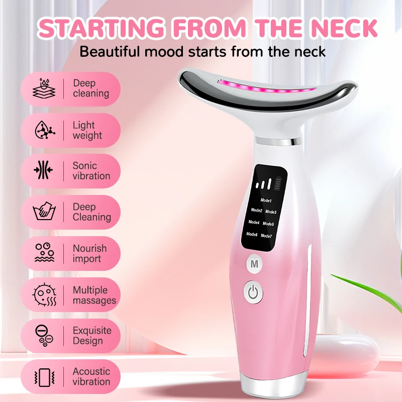 7 in 1 beauty device 3 gear adjustable EMS micro current vibration heating firming anti-wrinkle face and neck beauty device