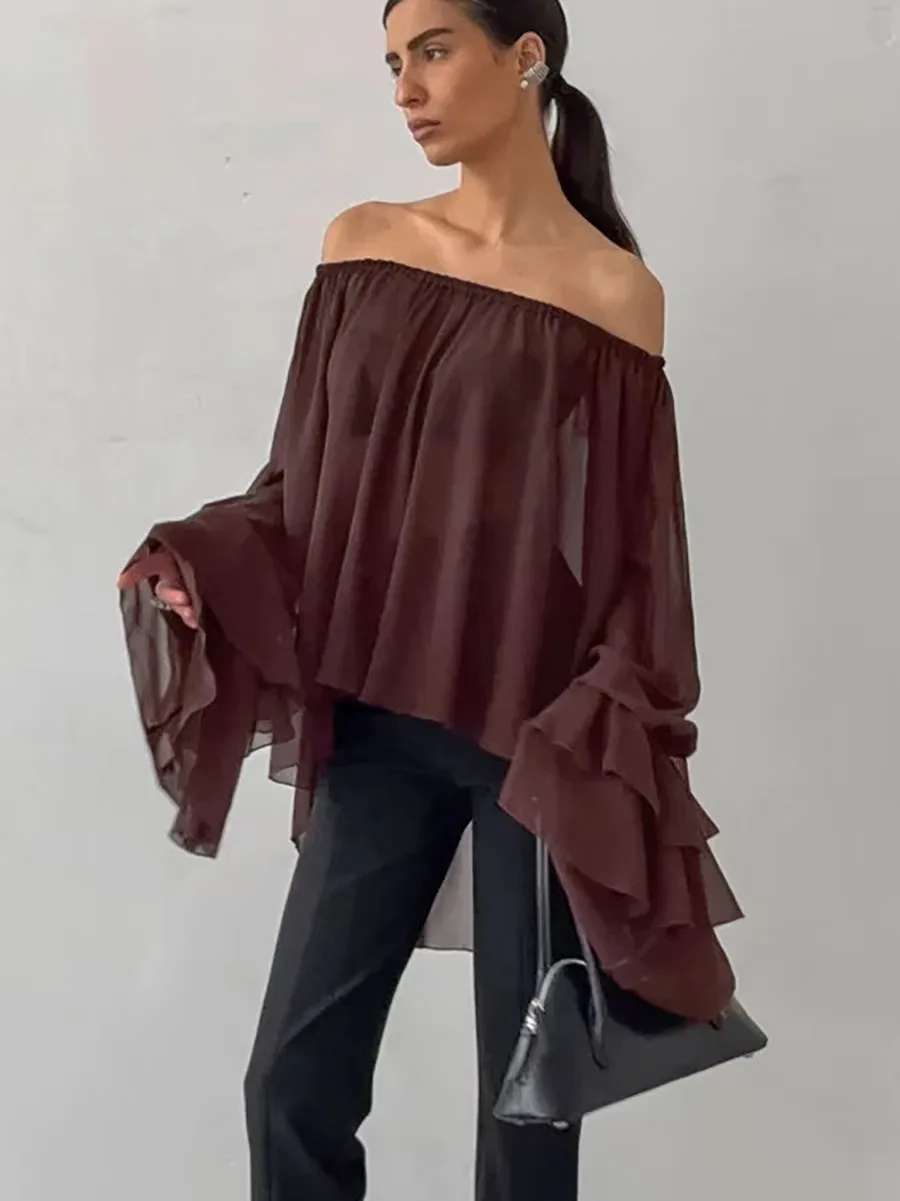 

Faionable Блузка с длинными рукавами и открытыми плечами, с рюшами и дизайном на одно плечо. Женская свободная посадка из полиэфирного волокна.