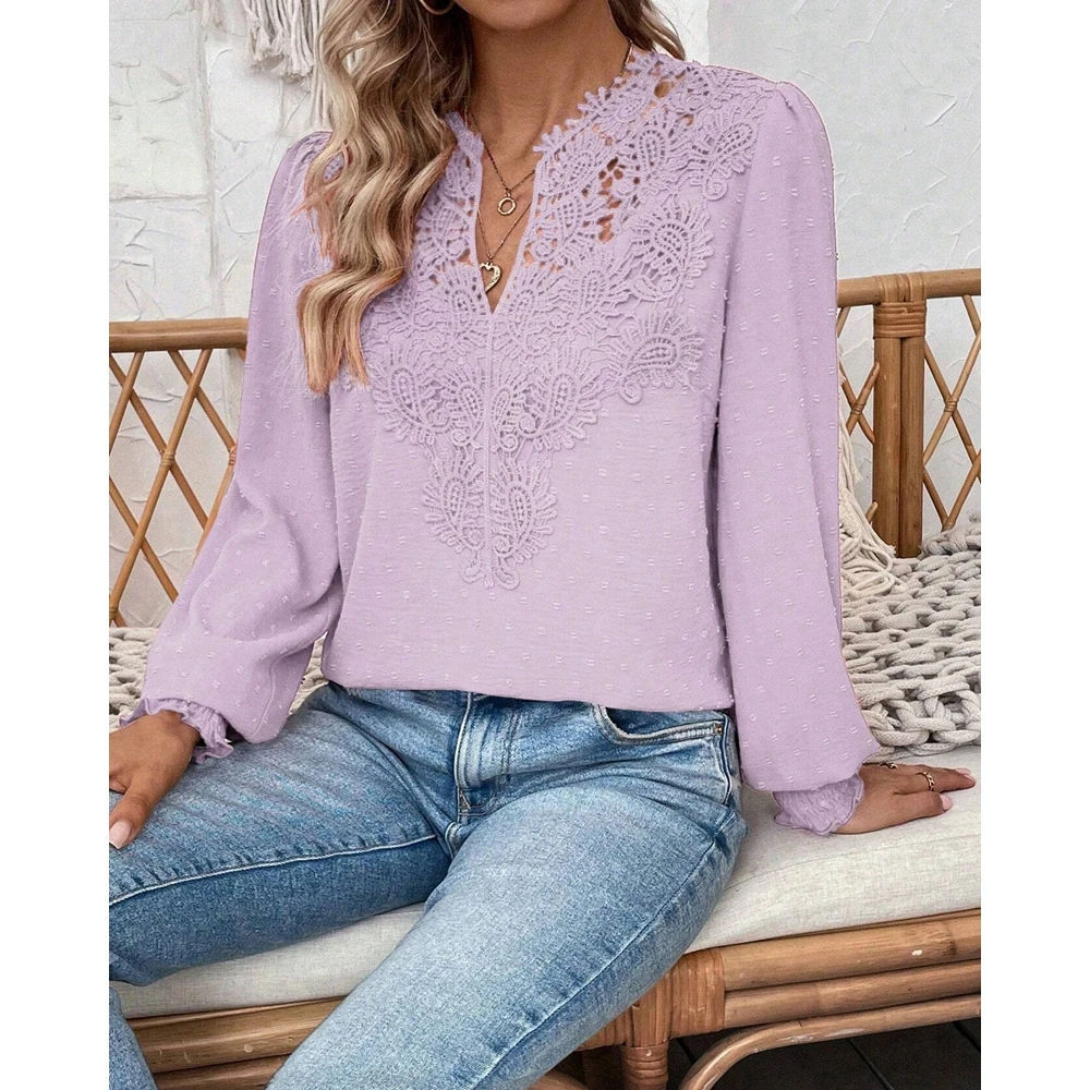 Autumn Women Contrast Lace Ruffles Ruched V Neck Lantern Sleeve Blouse Fashion Elegant Femme Solid Color Street Wear Top Traf