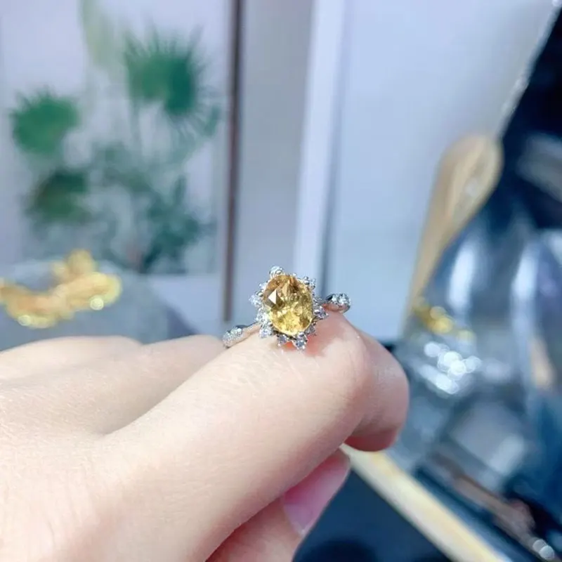 العتيقة نظرة 925 الفضة سيترين خواتم 6 مللي متر * 8 مللي متر 1ct السترين الطبيعي مجوهرات 18K مطلية بالذهب الأصفر كريستال الدائري