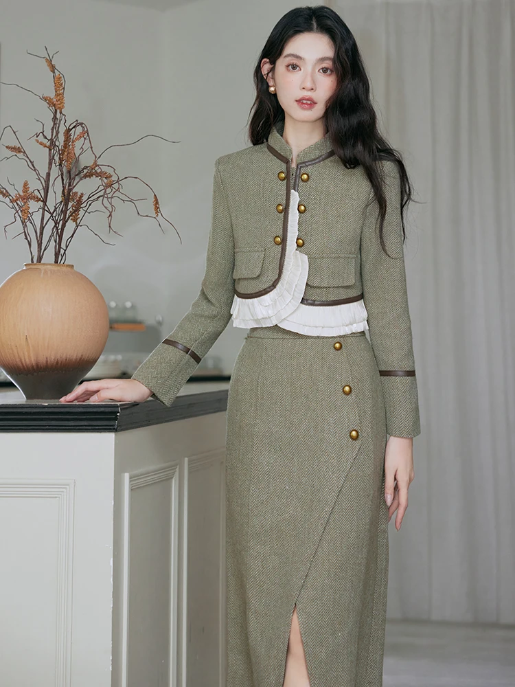 Korean Fashion Vintage 2 Two Piece Set Womens Outfits Autumn Long Sleeve Short Jacket Crop Coat+ Pencil Split Skirt Suits