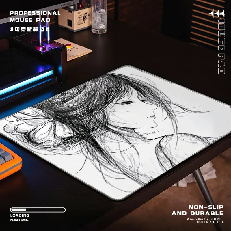 Japanese Anime Girl Sketch Shadow Glass Gaming Mouse Pad Smooth Frosted Surface Desk Mat Tempered Upgrade FPS Office Esports