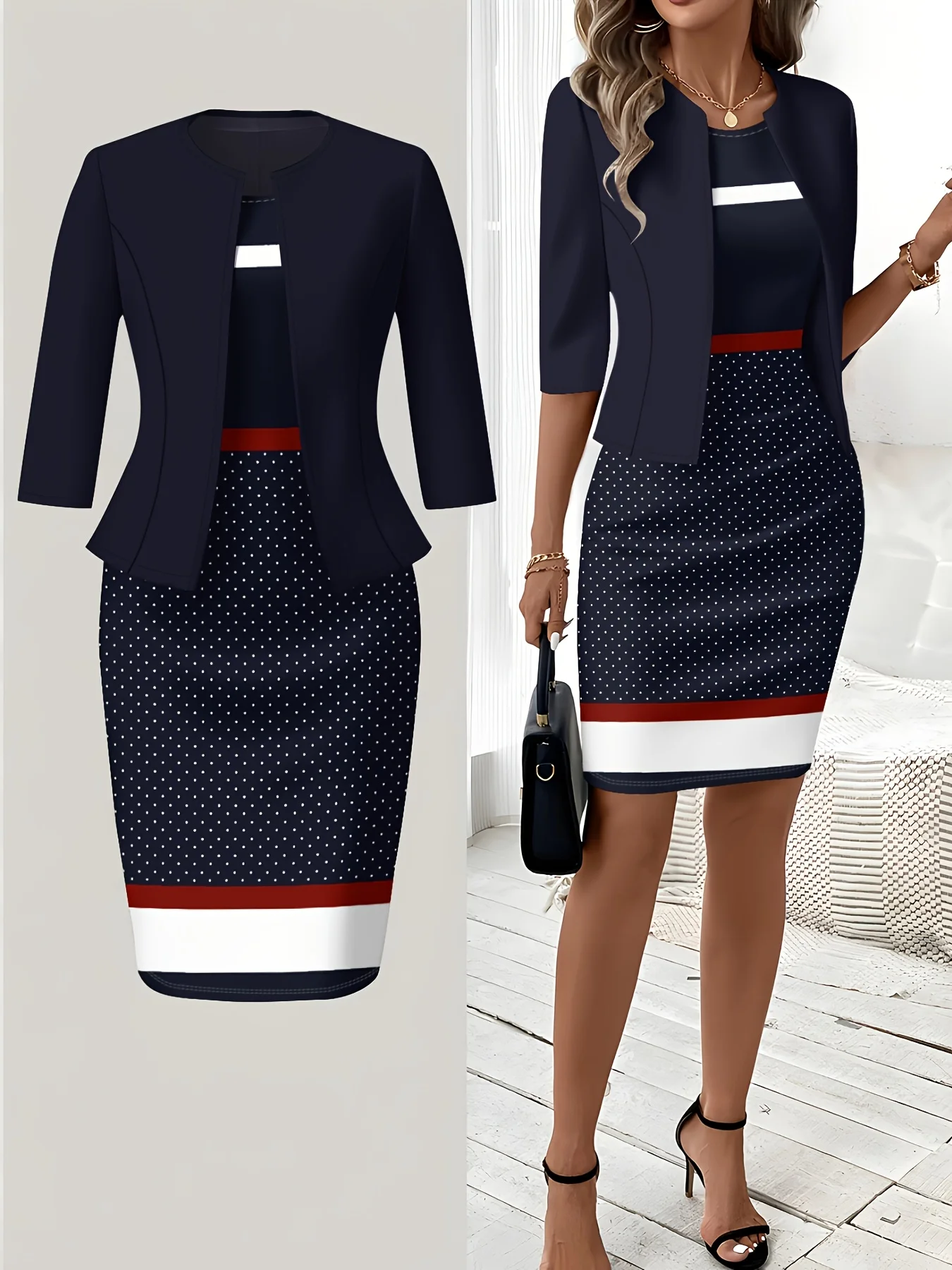 Printed Design Casual Red and White Stripe Polka Dot Printed Women's Dress Set